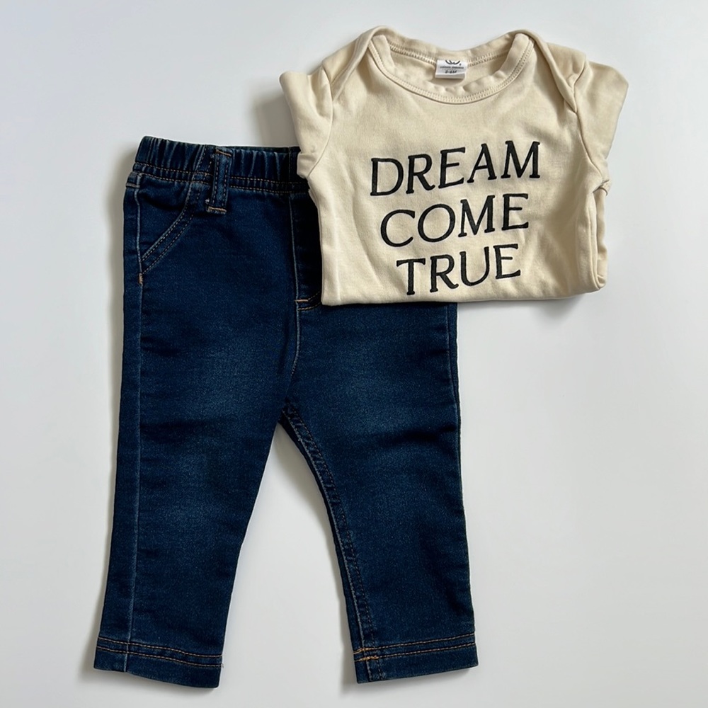 COLORED ORGANICS / CAT & JACK baby jean leggings & onesie bundle 3-6M